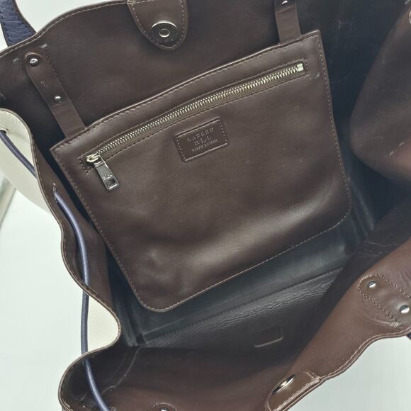 Lauren Ralph Lauren RLL Oxford Drawstring Tote Pebble Leather Navy White - Picture 8 of 11